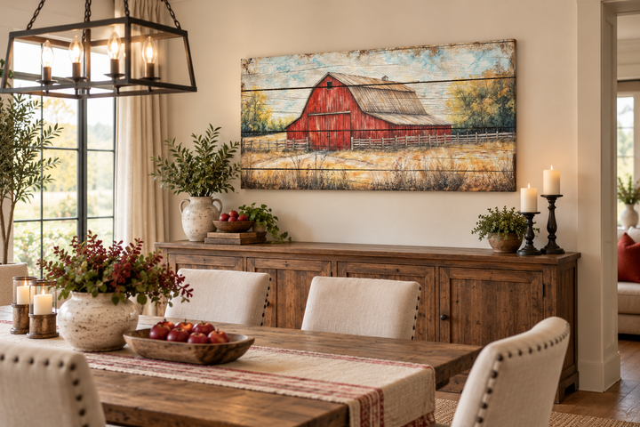 Rustic red barn canvas wall art hanging above a wooden sideboard in a farmhouse dining room.