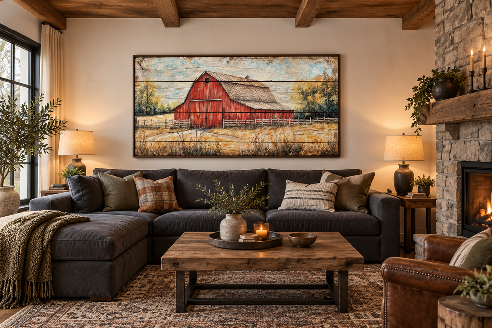 Rustic red barn canvas print wall art above a dark sofa in a cozy farmhouse living room.