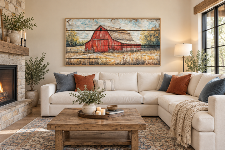 Rustic red barn canvas wall art hanging above a white sectional sofa in a cozy farmhouse living room.
