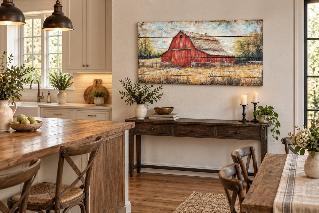Rustic red barn canvas wall art displayed above a dark wood console table in a farmhouse kitchen.