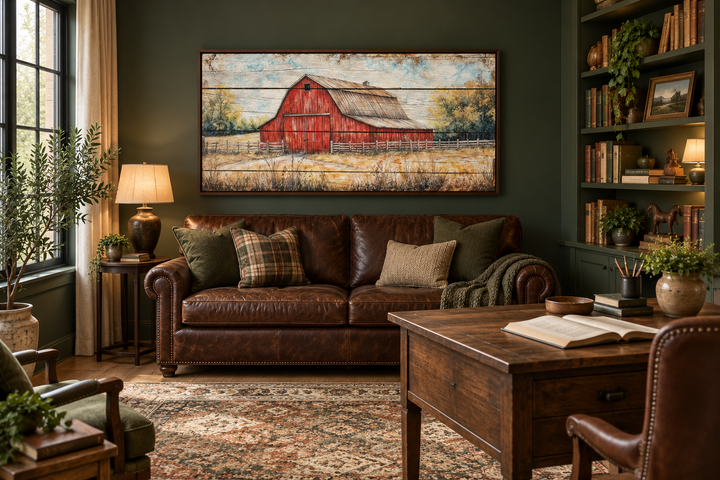 Rustic red barn canvas wall art hanging above a brown leather sofa in a cozy farmhouse living room.