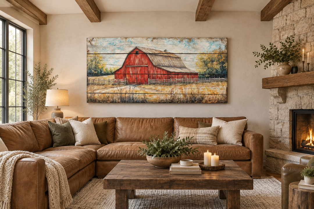 Rustic red barn canvas wall art hanging above a brown leather sectional in a cozy living room.