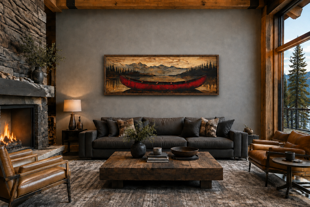 Old red canoe painted on wood long horizontal framed canvas wall art above a sofa in a rustic room.