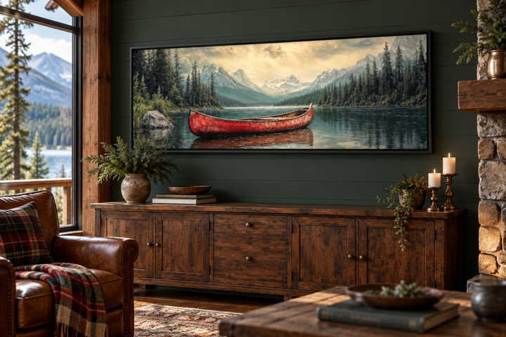 Rustic framed canvas wall art of an old red canoe on a mountain lake in a cozy cabin living room.