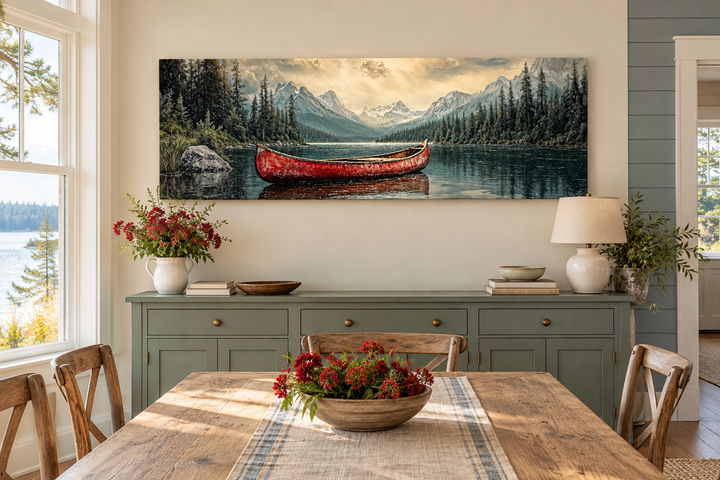 Old red canoe on a calm lake with mountains and pine trees, rustic framed canvas wall art.