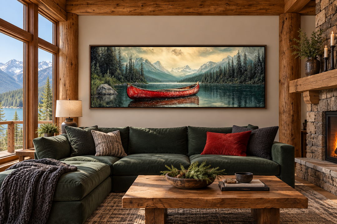 Old red canoe on a calm lake with mountains and forest in a rustic framed canvas wall art.