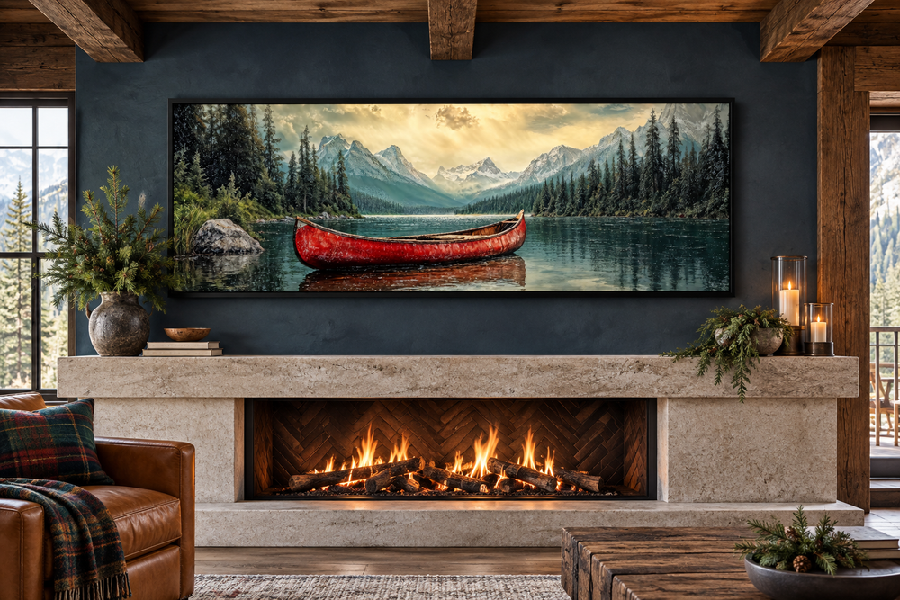 Old red canoe on a still lake with mountains and forest in a rustic framed canvas wall art.