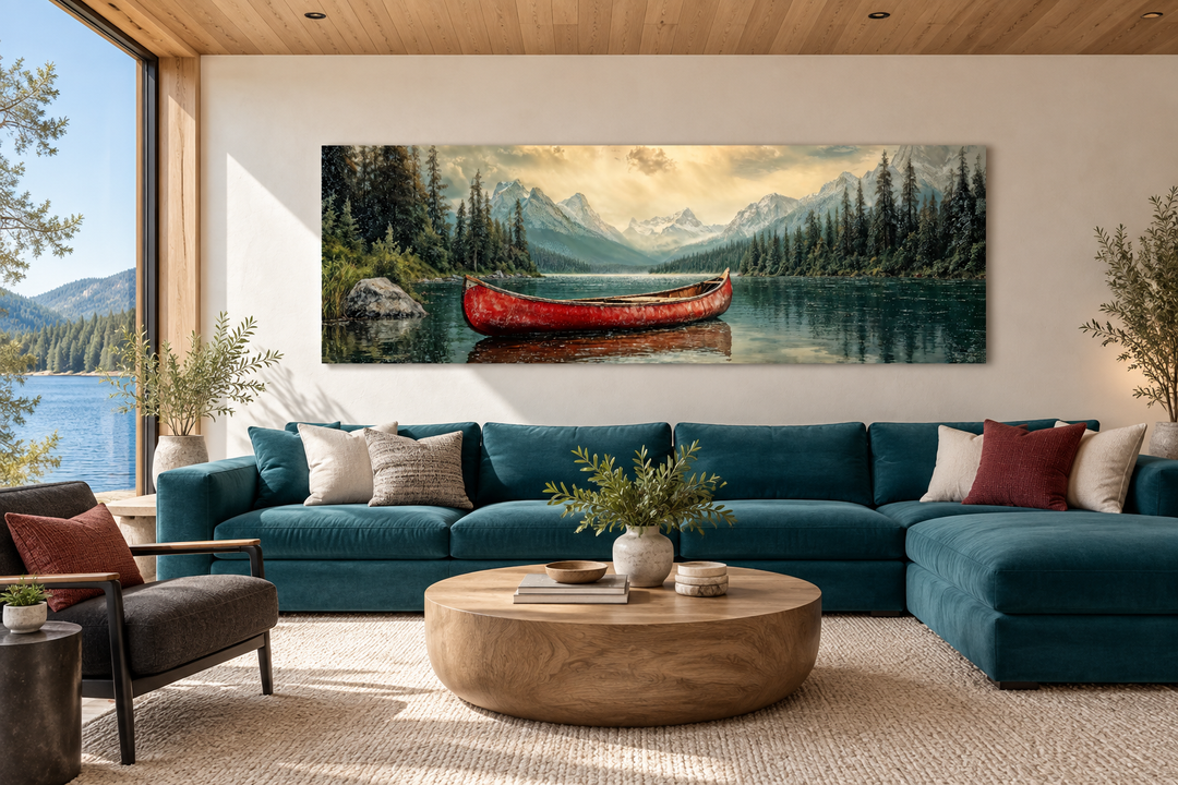 Panoramic framed canvas wall art of a rustic red canoe on a calm lake with mountain scenery.