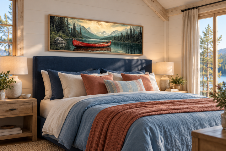 Old Red Canoe In The Lake rustic framed canvas wall art hanging above a blue upholstered bed.
