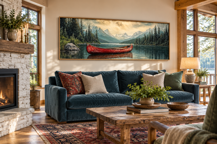 Rustic framed canvas wall art of an old red canoe on a calm lake with mountain and forest scenery.