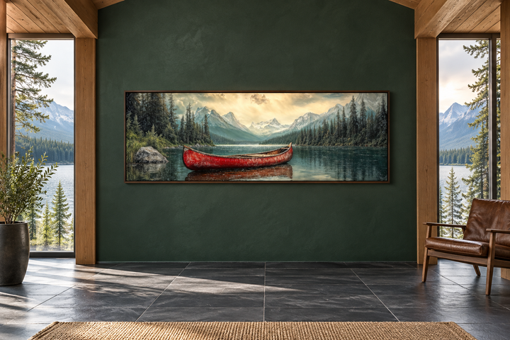 Panoramic framed canvas wall art of a rustic red canoe on a calm lake with mountain scenery.