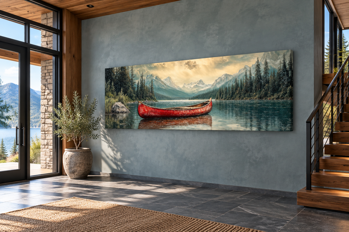 Panoramic wall art of a rustic red canoe on a calm lake with mountains and evergreen trees.