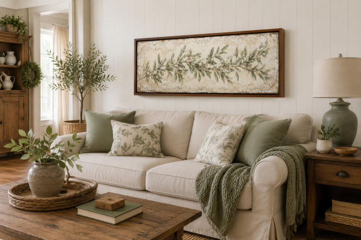 Long narrow olive branch canvas wall art in a wood frame above a cream sofa with sage green pillows.