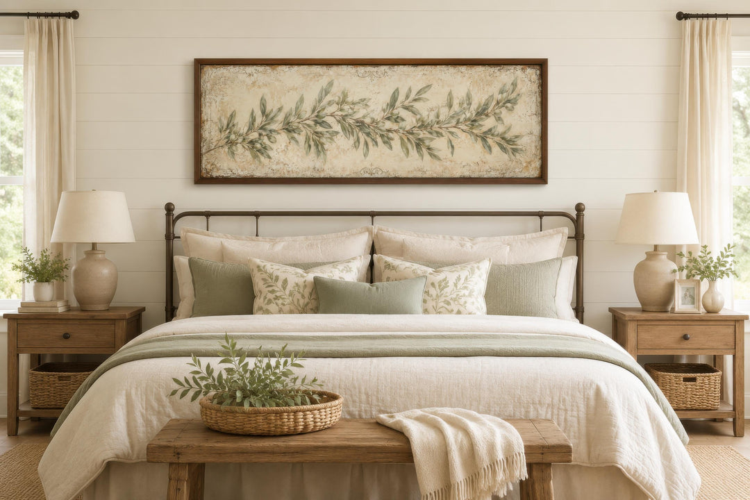 Long narrow olive branch canvas wall art in a sage green farmhouse bedroom above a metal bed frame.