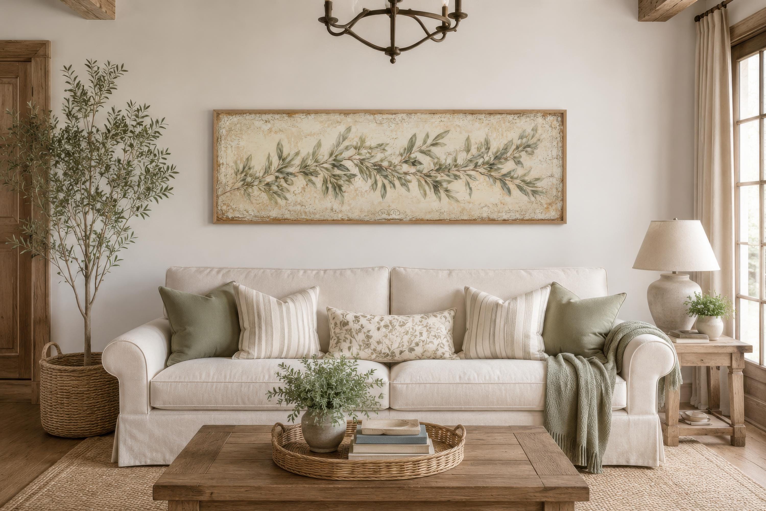 Olive Branch Wall Art – Long Narrow Canvas | Sage Green Farmhouse