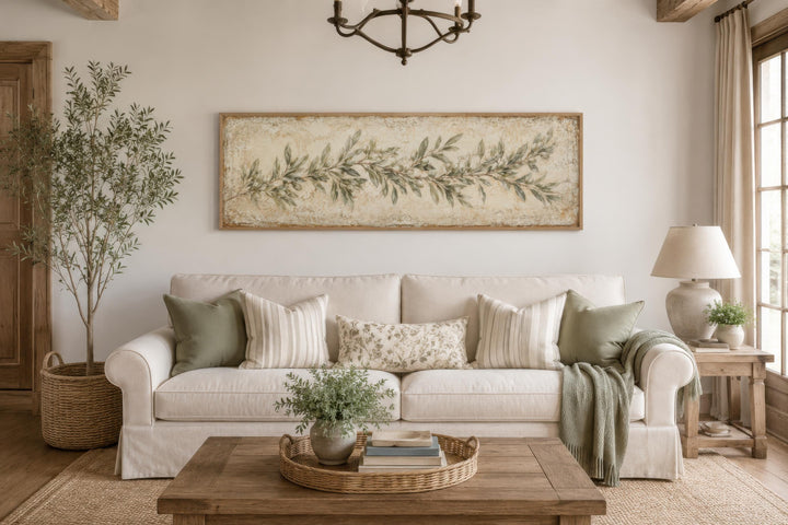 Long narrow canvas wall art featuring a sage green olive branch above a white farmhouse sofa.