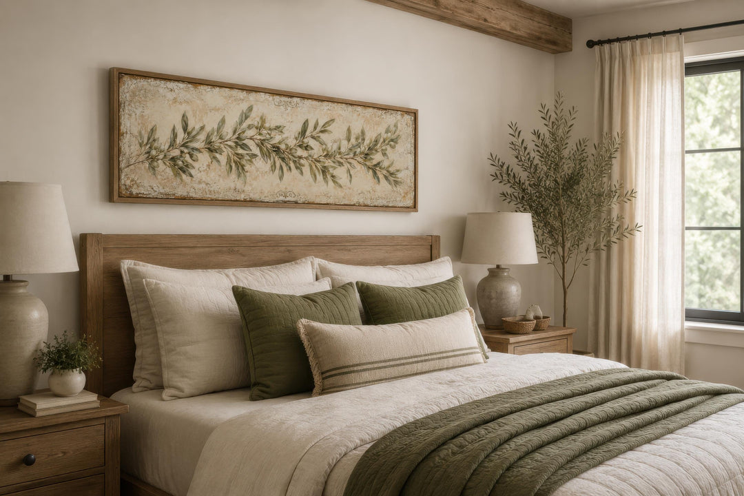 Long narrow canvas wall art featuring a sage green olive branch above a wooden bed headboard.