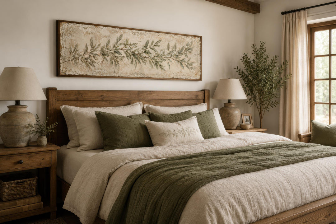 Long narrow canvas wall art featuring a sage green olive branch above a farmhouse style bed.