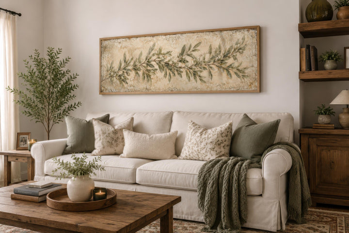 Long narrow canvas wall art featuring a sage green olive branch above a cream sofa with pillows.