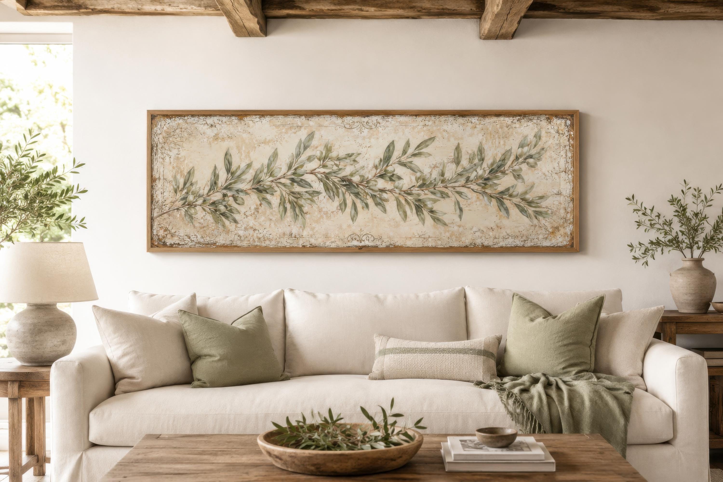 Olive Branch Wall Art – Long Narrow Canvas | Sage Green Farmhouse