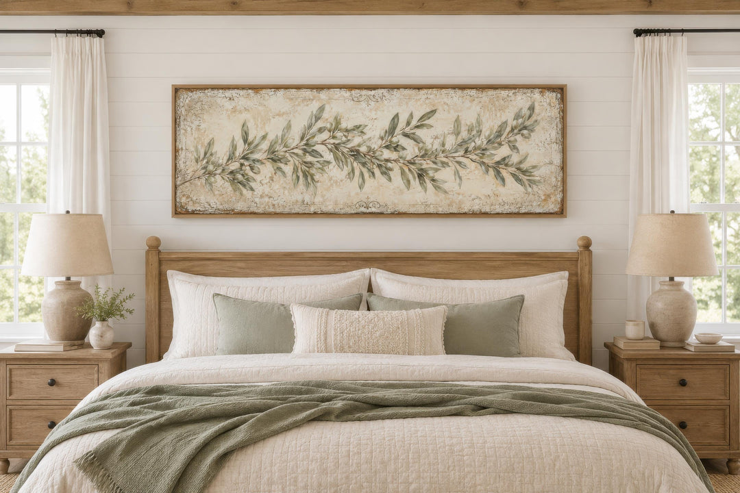 Long narrow canvas wall art featuring a sage green olive branch over a bed in a farmhouse bedroom.