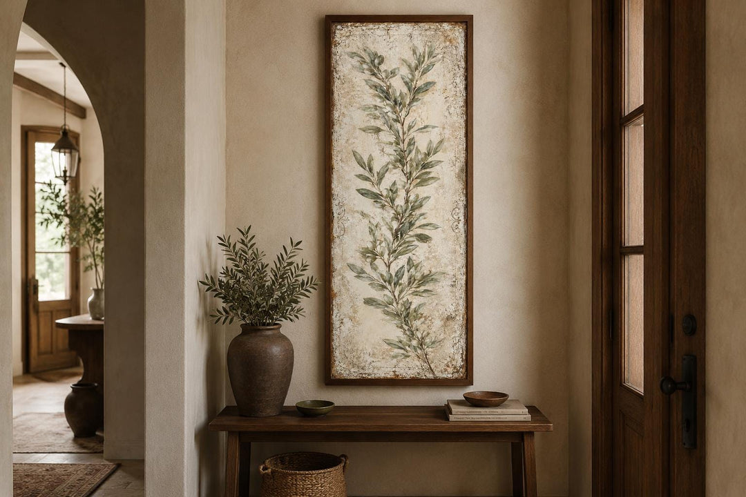 Tall vertical canvas wall art featuring a painted olive branch in a rustic wooden frame.