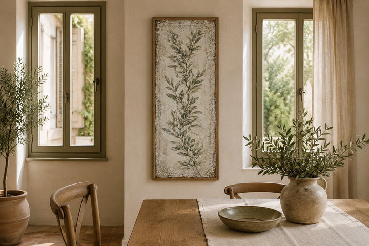 Tall vertical canvas wall art featuring a botanical olive branch in a Tuscan farmhouse dining room.