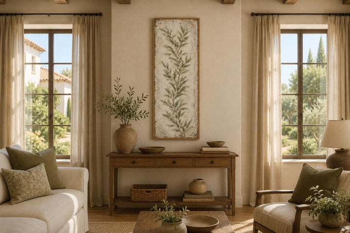 Tall vertical canvas wall art featuring a painted olive branch in a Tuscan farmhouse living room.