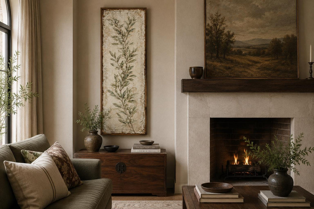 Tall vertical canvas wall art featuring a botanical olive branch in a rustic Tuscan living room.