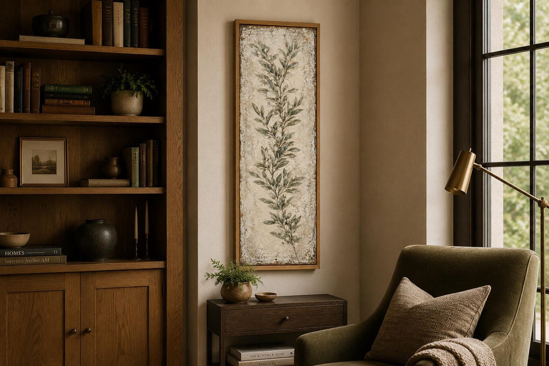 Tall vertical canvas wall art featuring a painted olive branch in a wooden frame.