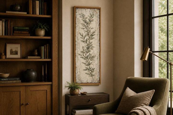 Tall vertical canvas wall art featuring a painted olive branch in a wooden frame.