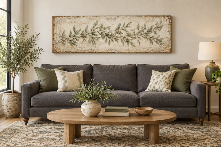 Long narrow canvas wall art featuring a sage green olive branch above a dark grey farmhouse sofa.