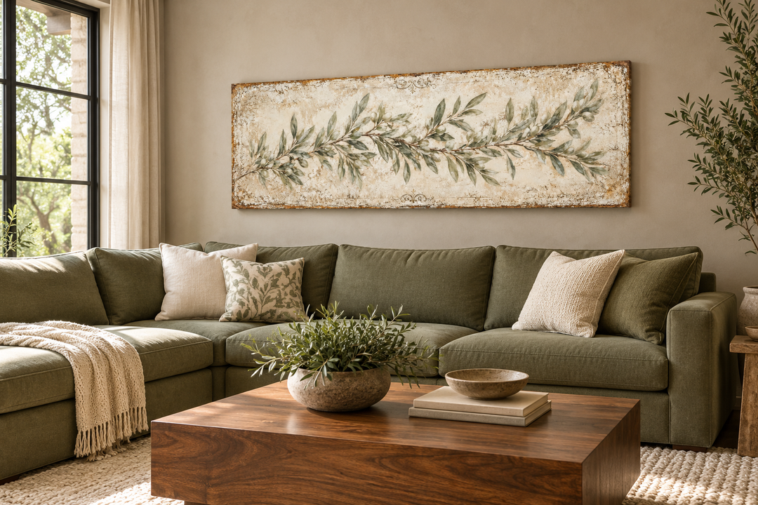 Long narrow olive branch canvas art in sage green above a green sectional sofa in a living room.