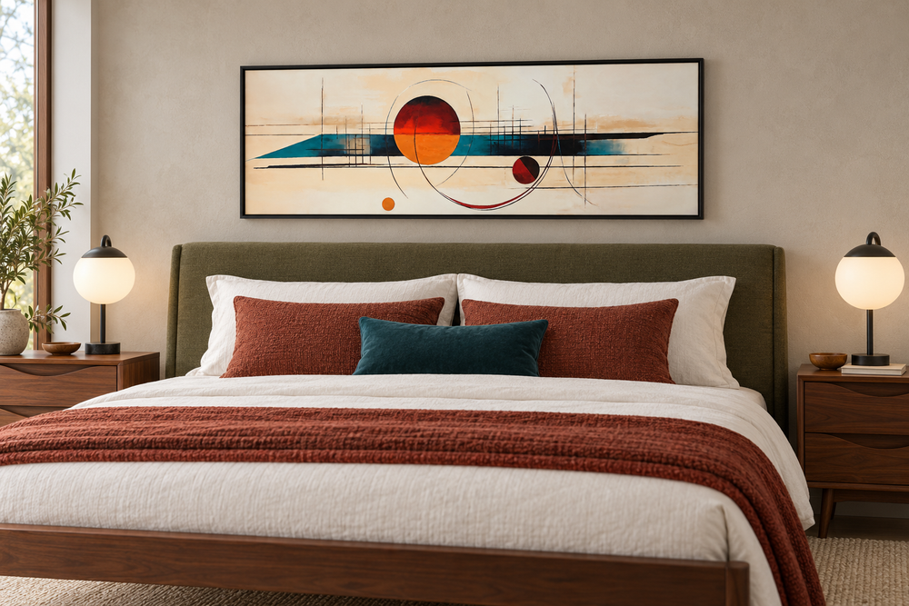 Long horizontal mid-century modern abstract canvas print with geometric shapes above a bed.