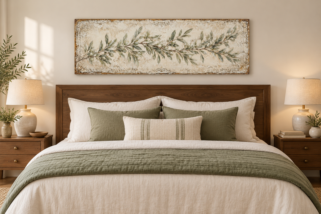Long narrow canvas art of a sage green olive branch above a wooden bed with green and cream pillows.