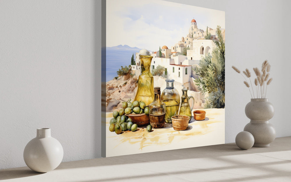 Olives And Oil Watercolor Greece Landscape Framed Canvas Wall Art