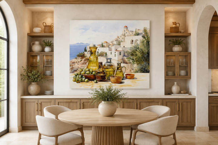 Olives and oil watercolor Greece landscape framed canvas wall art in a Mediterranean dining room.