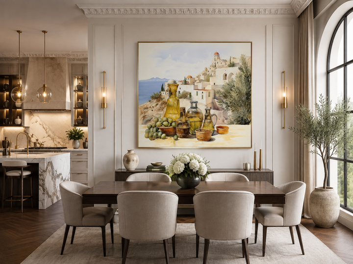 Olives and oil watercolor Greece landscape framed canvas wall art in a modern dining room.