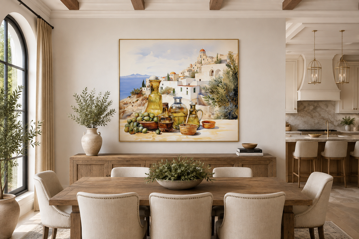 Framed watercolor canvas art of a Greek landscape with olive oil and buildings in a dining room.