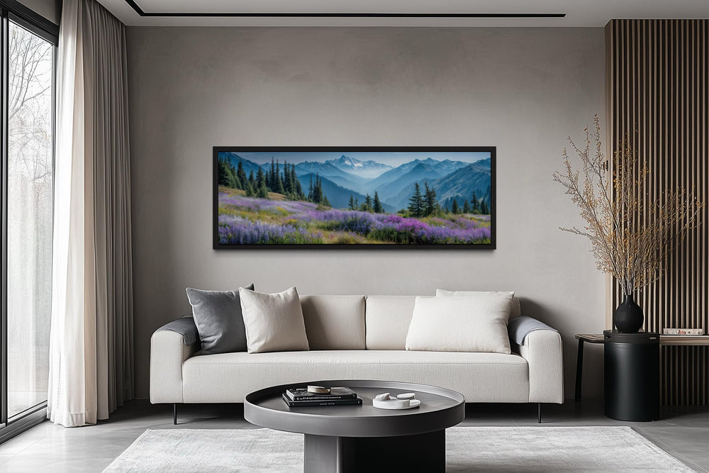 Olympic National Park panoramic canvas wall art with purple wildflowers and misty mountains.