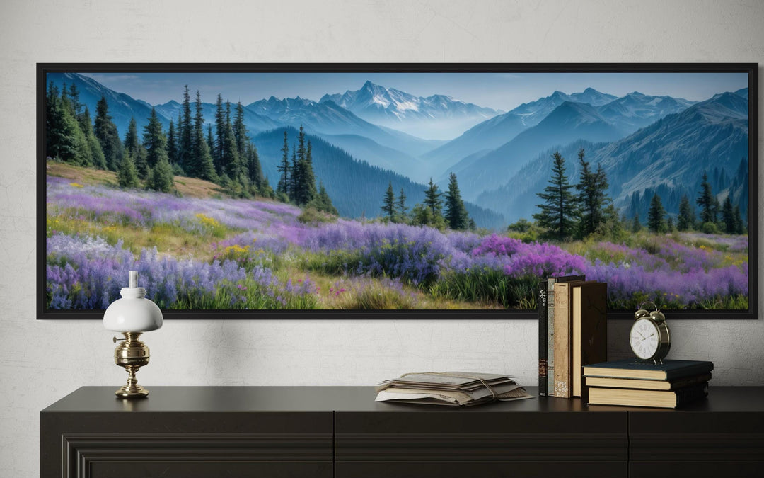 Olympic National Park panoramic canvas wall art featuring a mountain landscape and purple flowers.