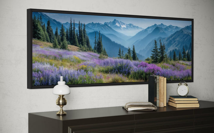 Panoramic canvas wall art of Olympic National Park with purple wildflowers and misty mountains.