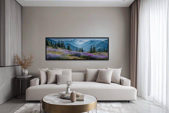 Olympic National Park long horizontal canvas wall art above a sofa in a modern living room.