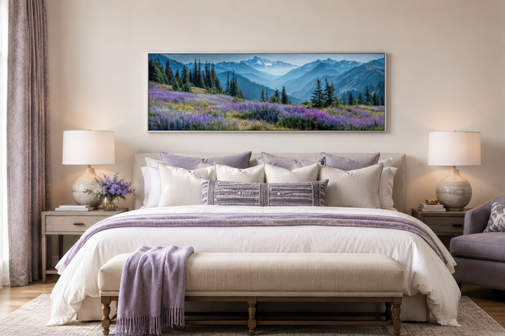 Olympic National Park long horizontal canvas wall art with purple wildflowers and misty mountains.