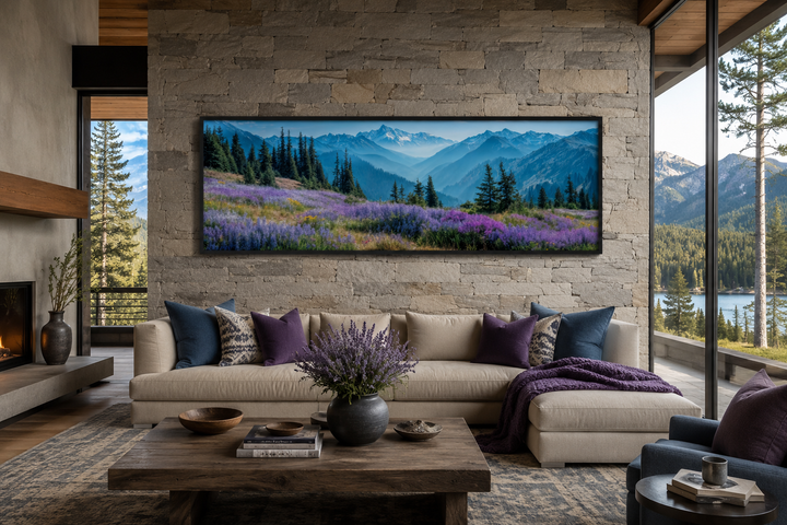 Olympic National Park long horizontal canvas wall art with purple wildflowers and blue mountains.