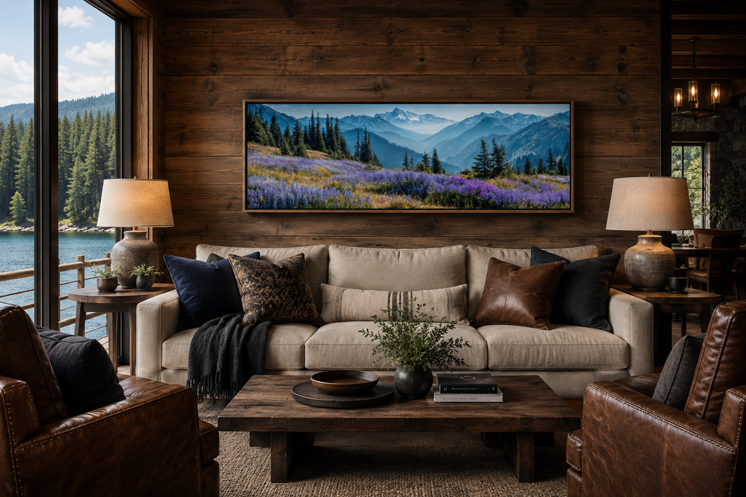 Olympic National Park long horizontal canvas wall art featuring wildflowers and misty mountains.