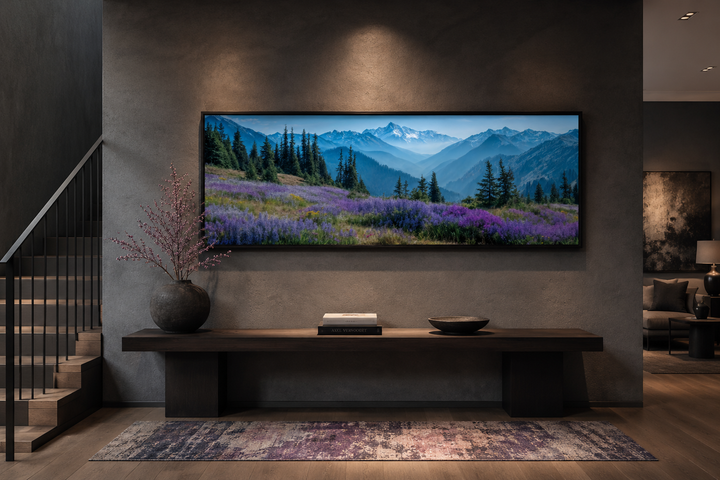 Panoramic canvas wall art of Olympic National Park with purple wildflowers and misty mountains.