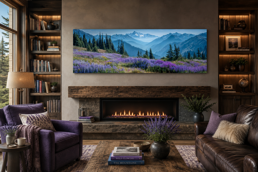 Panoramic Olympic National Park canvas art with purple wildflowers and mountains over a fireplace.
