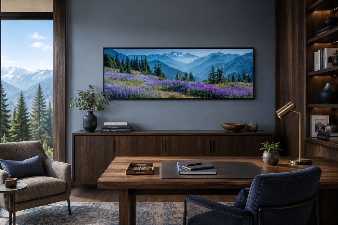 Panoramic canvas wall art of Olympic National Park mountains and purple wildflowers in a home office