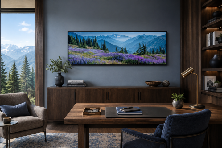 Panoramic canvas wall art of Olympic National Park mountains and purple wildflowers in a home office